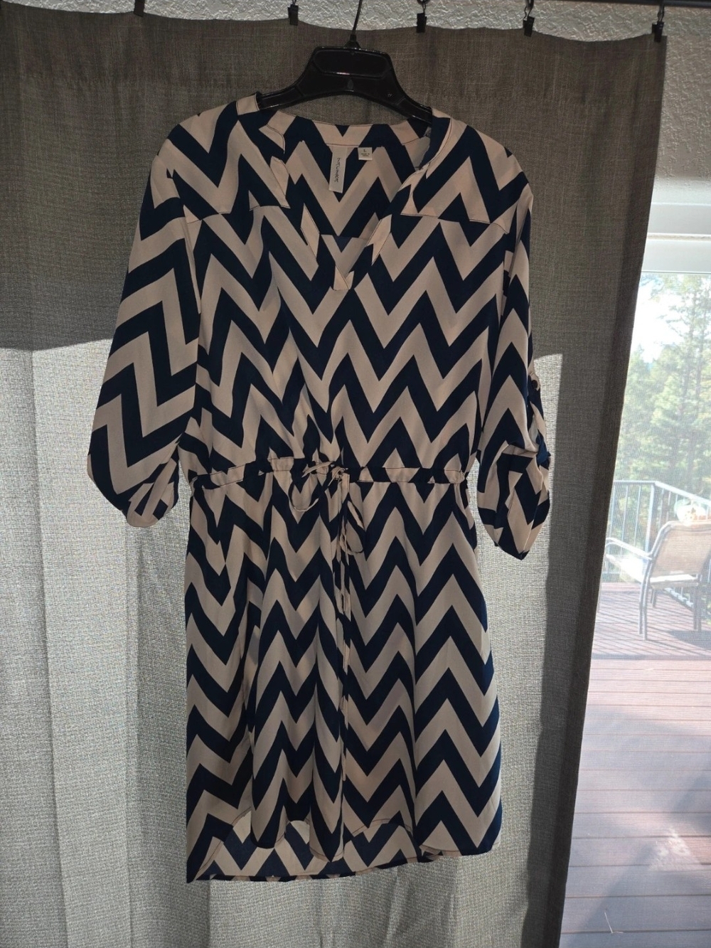 Tacera Navy and White Chevron Tie-Front Midi Dress
